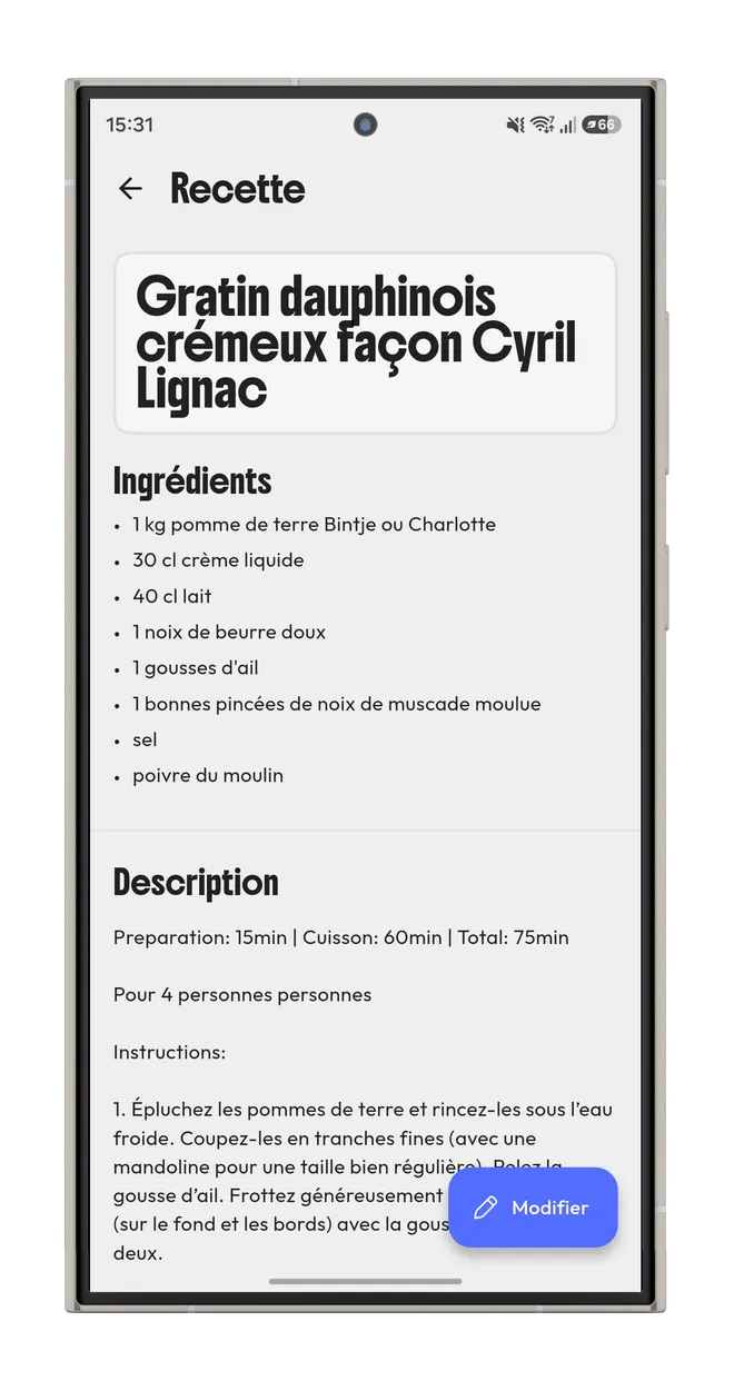La recette importée dans Shadom : titre, liste d’ingrédients avec quantités, et instructions