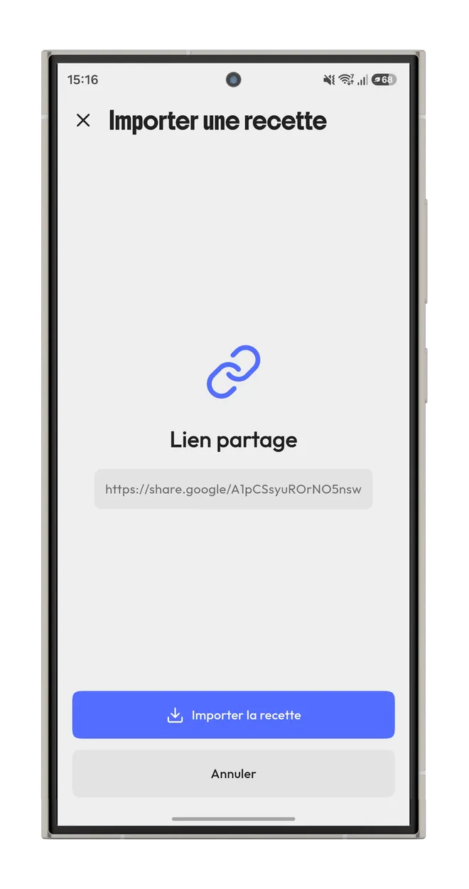 L’écran « Importer une recette » de Shadom, avec le lien partagé et le bouton « Importer la recette »
