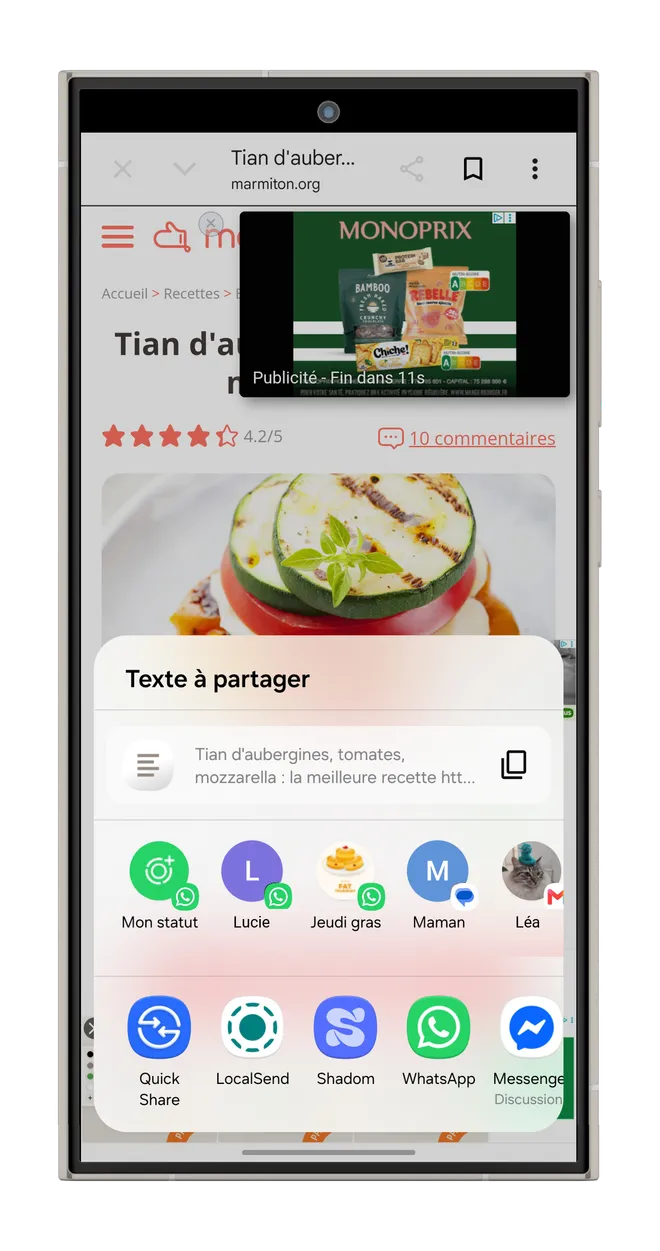 Une recette ouverte sur marmiton.org, avec le menu Partager d’Android ouvert par-dessus et Shadom dans la liste des applications