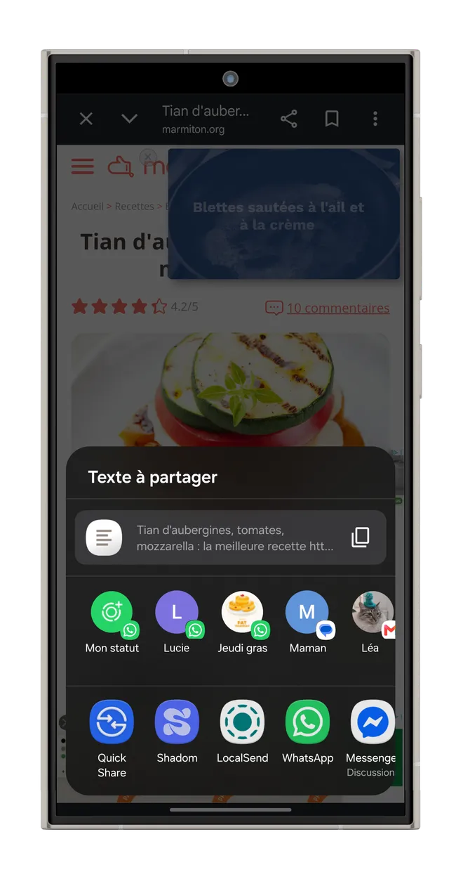 Une recette ouverte sur marmiton.org, avec le menu Partager d’Android ouvert par-dessus et Shadom dans la liste des applications